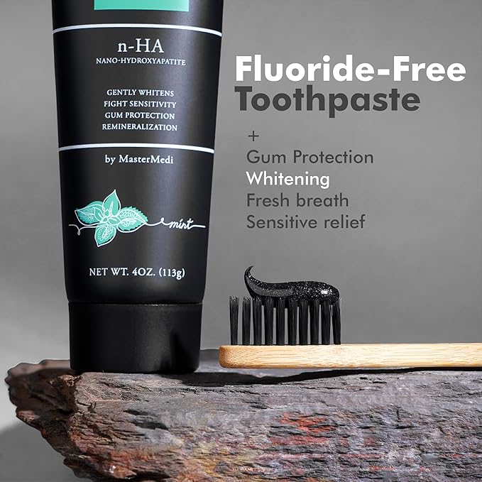 MasterMedi Nano Hydroxyapatite Whitening Toothpaste with Xylitol, Charcoal & Spearmint – Fluoride & SLS Free, Remineralizing Formula for Sensitive Teeth, Enamel Repair, 4 oz (Pack of 1)