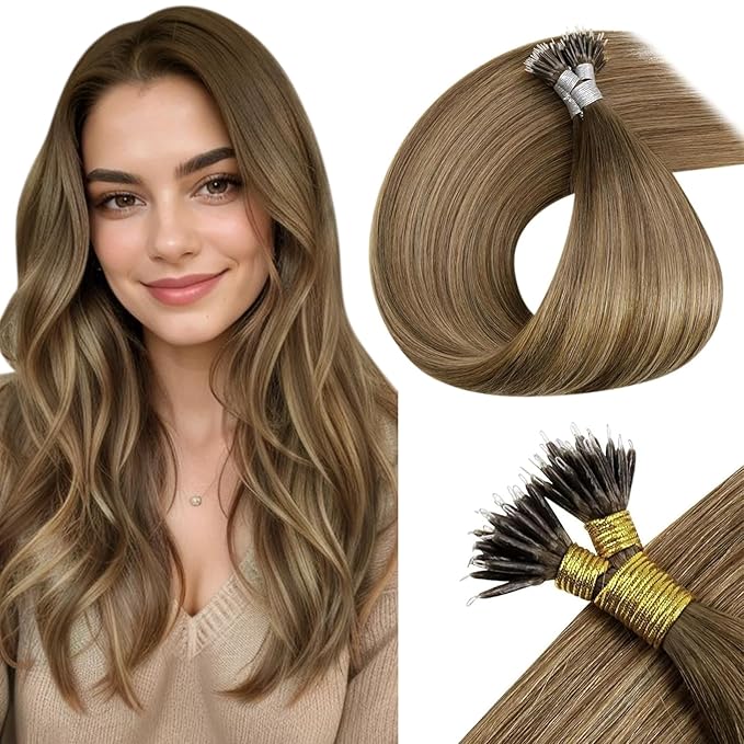 LaaVoo Nano Hair Extensions Human Hair Balayage 20 Inch Nano Bead Hair Extensions Light Brown Fading to Dark Honey Blonde Mixed Brown Nano Extensions Human Hair 50s 50g