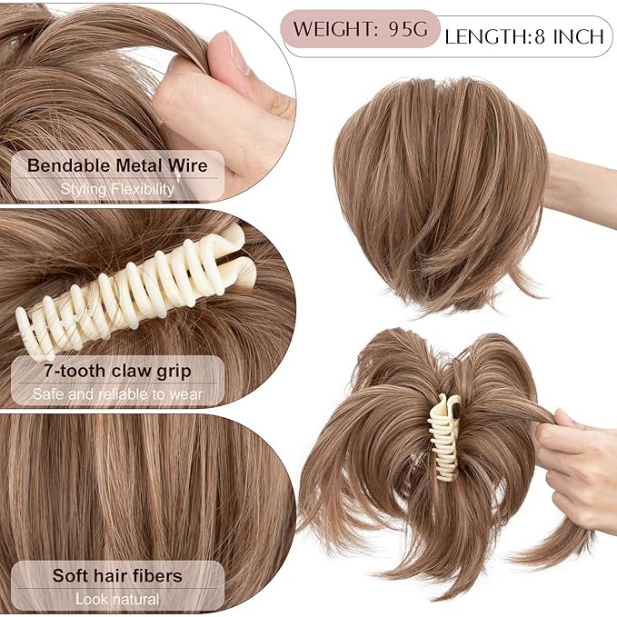 Claw Clip Short Ponytail Hair Extensions Messy Bun Hair Piece Pony Tails Hair Extensions with Bendable Metal Wire Hair Pieces DIY Style 8 Inch 12H24 Caramel Brown & Mousy blonde