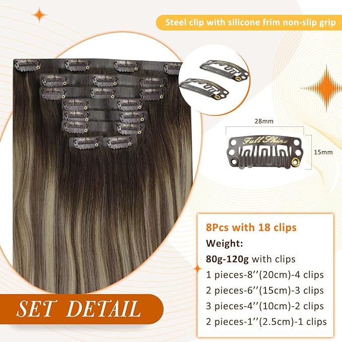 Full Shine Clip in Hair Extensions Brown Ombre Real Hair Clip in Extensions Light Brown Mix Blonde Seamless Human Hair Extension for Women Ease of Use 14 Inch 8 PCS 120G