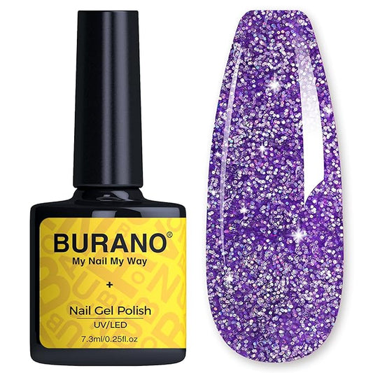 BURANO Glitter Gel Nail Polish - LED UV Curing Holographic Effect Sparkle Gel - Purple LP26