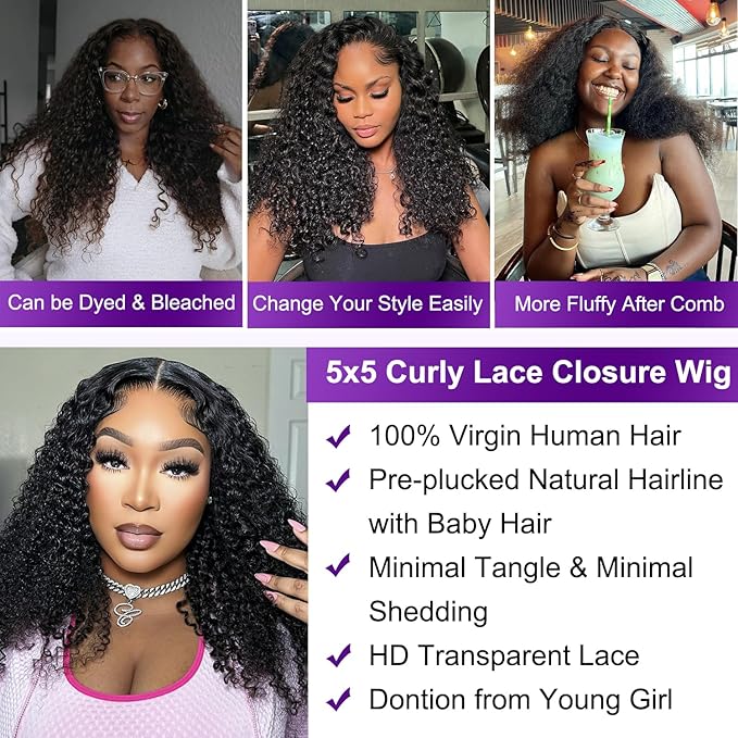 Curly Closure Wig Human Hair 5x5 HD Transparent 20 Inch Glueless Kinky Curly Wig ReadytoGo Pre Plucked for Black Women 5x5 Invisible Deep Curly Lace Front Wigs Wear and Go