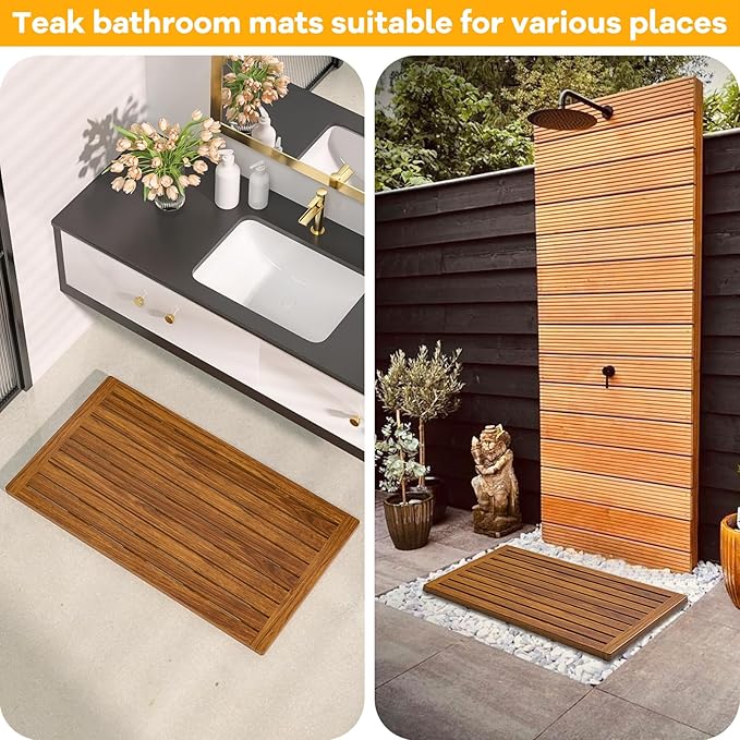 Teak Shower Mat, 32"x18" Wood Bath Mats Non-Slip Bathroom Mat Teak Bath Mats for Bathroom, Wooden Floor Bathroom Mat for Inside, Outdoor or Spa