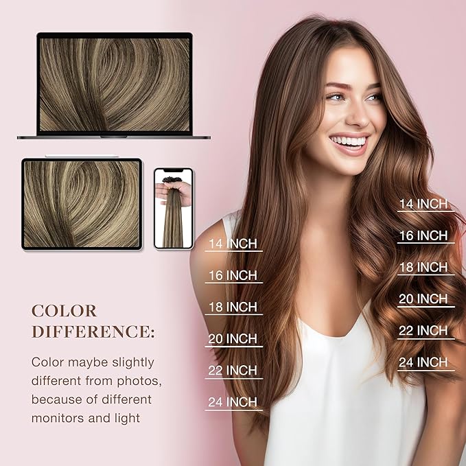 GOO GOO U Tip Real Human Hair Extensions, 20inch 50g, Hot Fusion, Remy Hair, 4/26/4 Balayage Chocolate Brown to Honey Blonde
