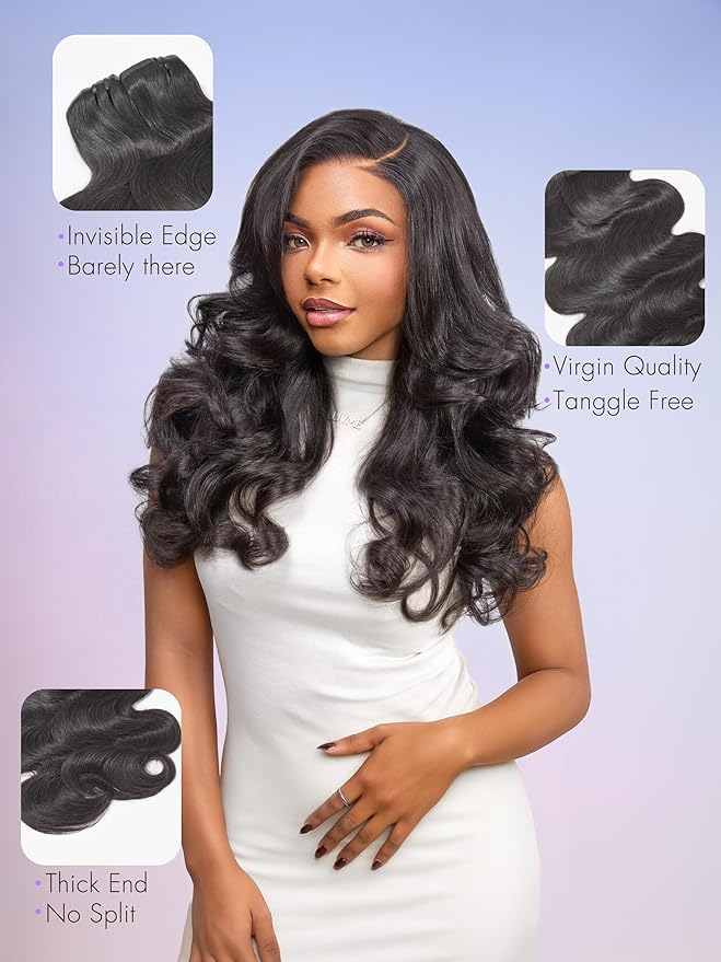 LUVME Invisible Clip in Hair Extensions Body Wave Real Human Hair, Remy Human Hair Extensions Clip ins for Women, Natural Human Hair, 16 inch 110g 6Pcs, Natural Black