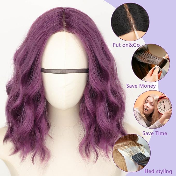 AISI HAIR 14 Inch Purple Wigs for Women - Shoulder Length Wave Wig with Pre-Cut Lace Hairline, Middle Part Natural Wavy Bob Synthetic Heat Resistant Fiber for Daily and Party