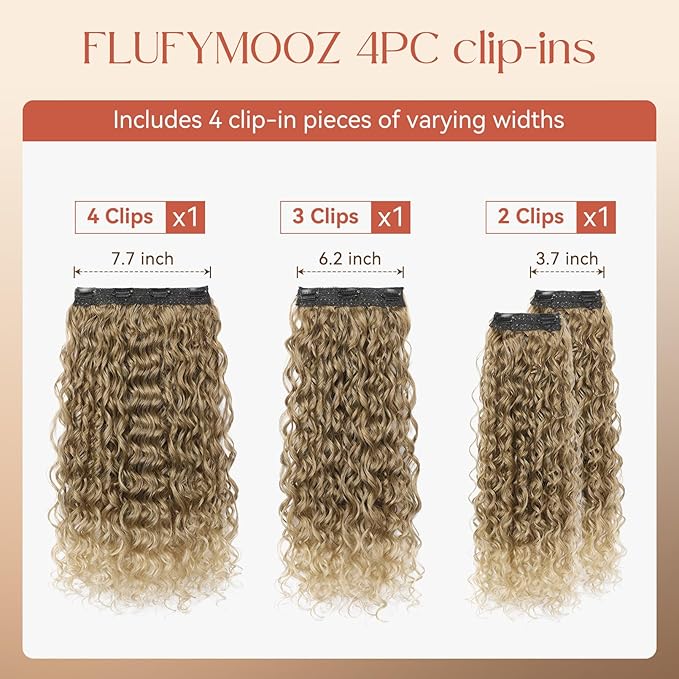 FLUFYMOOZ Clip in Hair Extensions, 18'' 4PC 100％ Pure Protein Silk Curly Hair extension for Women Lace Weft Hairpiece Natural Soft and comfortable for Daily Use-Dark Blonde to Light Brown
