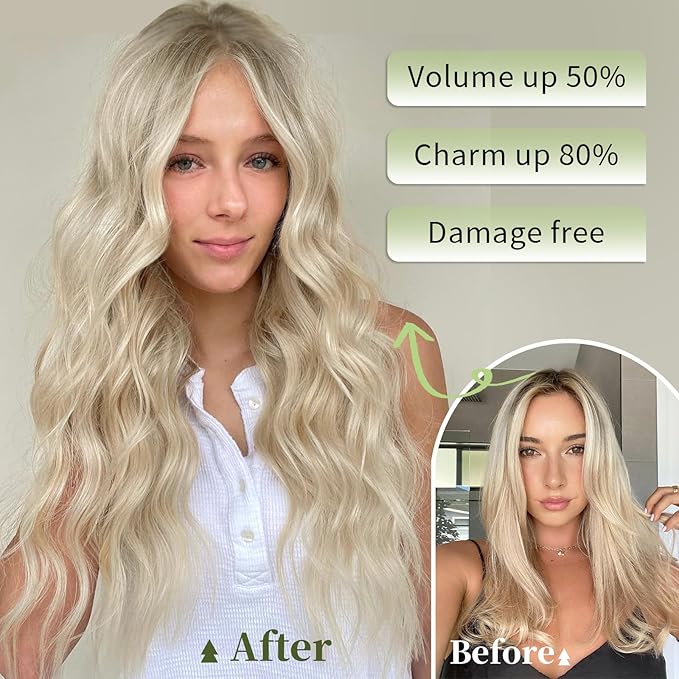 KooKaStyle Invisible Wire Hair Extensions with Transparent Headband Adjustable Size 4 Secure Clips Long Wavy Secret Wire Hairpiece 20 Inch for Women (20 Inch, Light Brown mix Platinum Blonde)