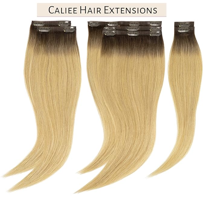 Caliee 16 Inch Balayage Clip in Hair Extensions Real Human Hair R4/18 Ash Blonde With Medium Brown Roots 7Pcs PU Clip in Human Hair Extensions 110G Silky Soft Natural Remy Hair for Women