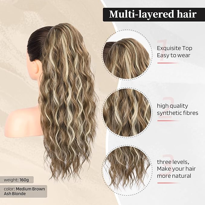 FLUFYMOOZ Ponytail Extension, 22 Inch Drawstring Ponytail Hair Extensions for Women， Long Curly Wavy Ponytail Natural Wavy Synthetic Hairpiece for Women (22 Inch Medium Brown Ash Blonde)
