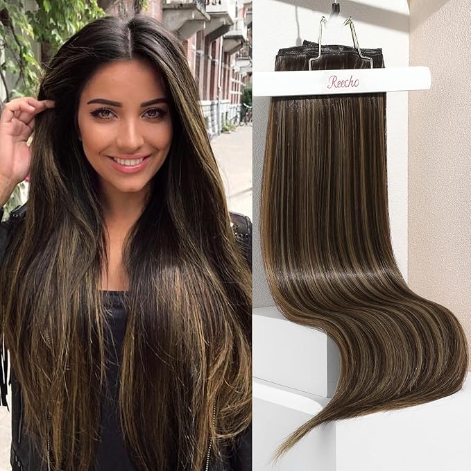 REECHO Clip in Hair Extensions, Hair Extensions Thick Long Lace Weft Lightweight Synthetic Hairpieces for Women (24 Inch-240 Gram(Pack of 5), Dark Brown with Highlights)