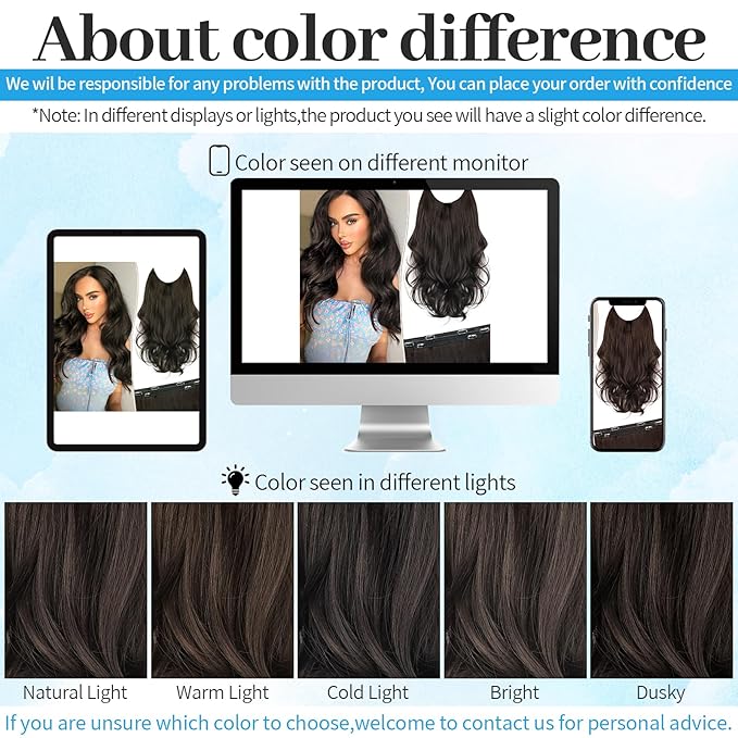 KooKaStyle Invisible Wire Hair Extensions Long Wavy Layered Synthetic Hair Extensions with Transparent Wire Adjustable Size 6 Secure Clips Dark Brown/6# Hairpieces for Women 16 Inch