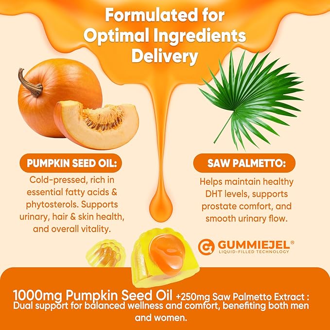Pumpkin Seed Oil Gummies 1000mg with Saw Palmetto, Cranberry, Lycopene, Vitamin E, Zinc, Cold Pressed, Pure Virgin Pumpkin Seed Oil for Hair Growth, Skin, Urinary, Bladder & Prostate Health, 60 Count