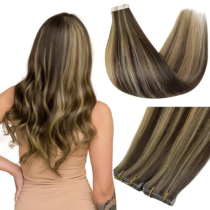 Full Shine Injection Tape in Hair Extensions Human Hair Color BM Virgin Tape in Extensions Seamless Invisible Skin Weft Hair Extensions Straight 22 Inch for Women Add Length 12.5Gram 5Pcs