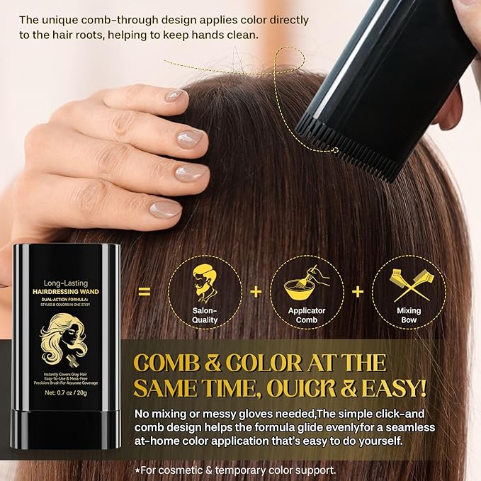 Hair Color Stick, 2 in 1 Instant Dye, Hair Dye Stick, Safe Portable Color Touch-Up Hair Sticks, Cover Gray Hair Color Correction Sticks for Women & Men, Waterproof and Sweat-Proof, 2Pack (Light Brown)