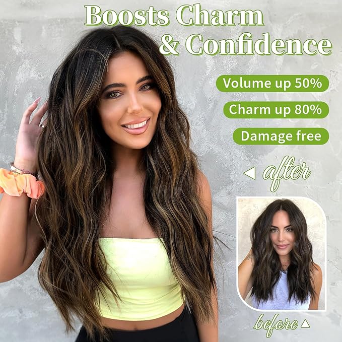 KooKaStyle Invisible Wire Hair Extensions with Transparent Headband Adjustable Size 4 Secure Clips Long Wavy Highlight Hairpiece 20 Inch H2/426alayage Dark Brown to Chestnut for Women