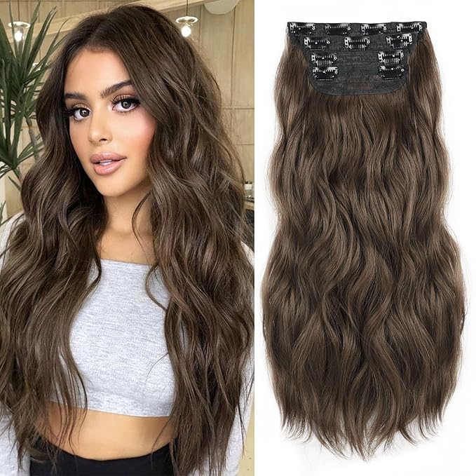 Long Wavy Clip in Synthetic Hair Extension Chestnut Brown 4pc Thick Hairpieces Double Weft Natural Hair Extensions 20inch for women(20INCH, 8/10)