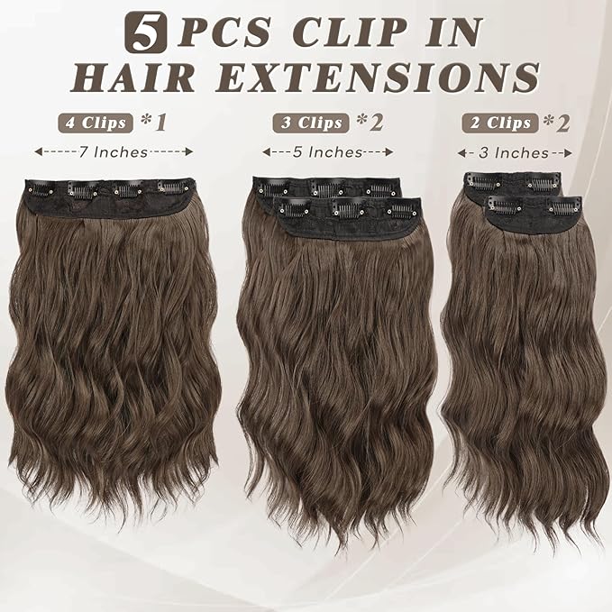 BARSDAR Wavy Golden Chestnut Brown Clip in Hair Extensions - 14 Inch Short Wavy Clip in Hair Extensions for Women - 5PCs Thick Soft Synthetic Voluminous Easy Wear Brown Hairpieces Daily Party