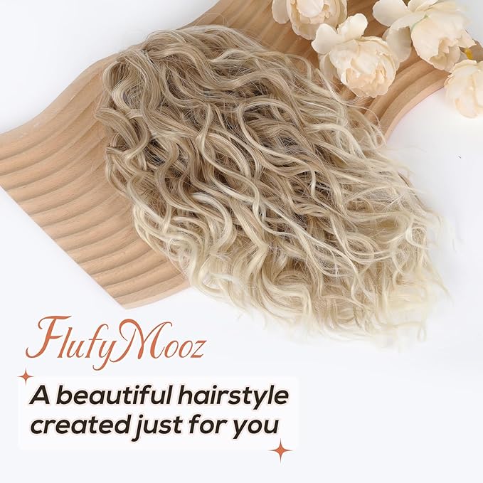 Flufymooz Ponytail Extension, 12" Short Claw Ponytail Extension Wavy Curly Jaw Clip in Pony tails Hair Extension Natural Synthetic Hairpiece for Women(Dark Blonde to Light Blonde)