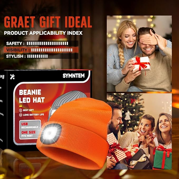 Unisex Beanie Hat with Light, Rechargeable Headlight Cap, Stocking Stuffers for Men, Cool Gadget Gifts for Him, Birthday Gifts for Women, Gifts for Him, Orange