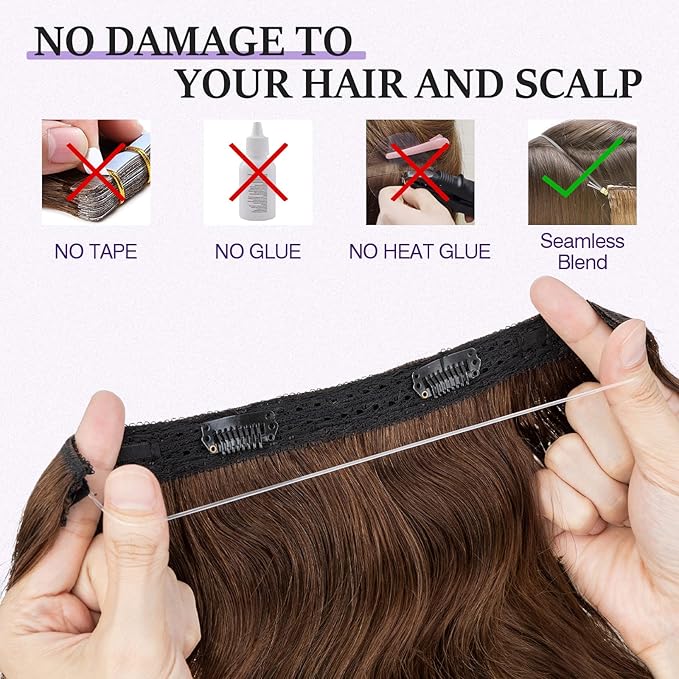 Halo Hair Extensions Real Human Hair,Halo Hair Extension 100% Human Hair,Wire Hair Extensions,Wavy 04 Medium Brown 65g/16inch