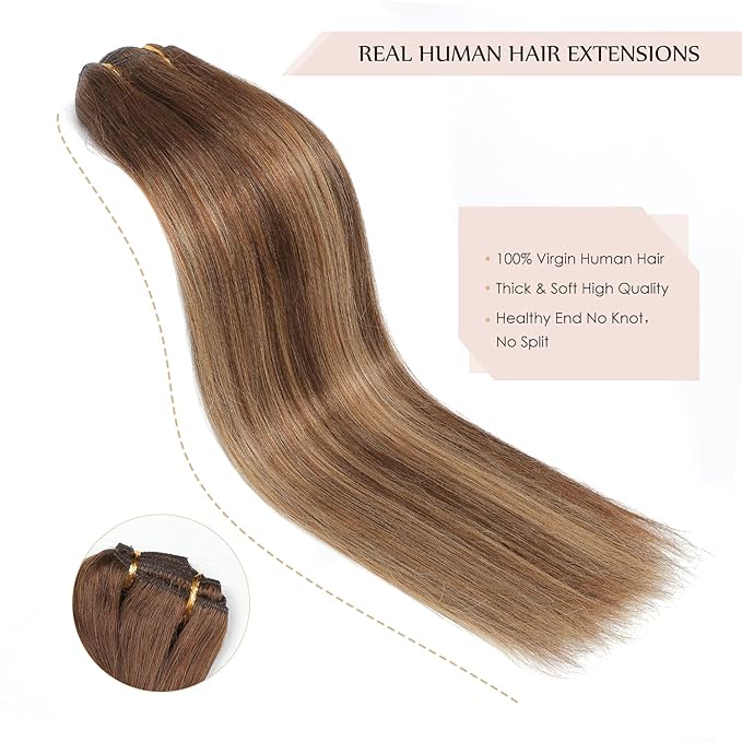 Sisily Clip in Hair Extensions Real Human Hair, 20 inch 160g, Chocolate Brown To Caramel Blonde, 100% Brazilian Remy Human Hair Clip in Extensions Soft Straight 7pcs Per Set with 16 Clips Double Weft