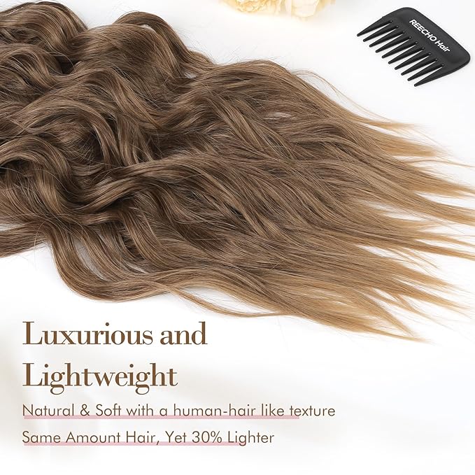 REECHO Hair Extensions, 4PCS Clip in Hair Extensions HE001 Natural Soft Synthetic Hairpieces for Women, Dark Ash Blonde with Golden Ends