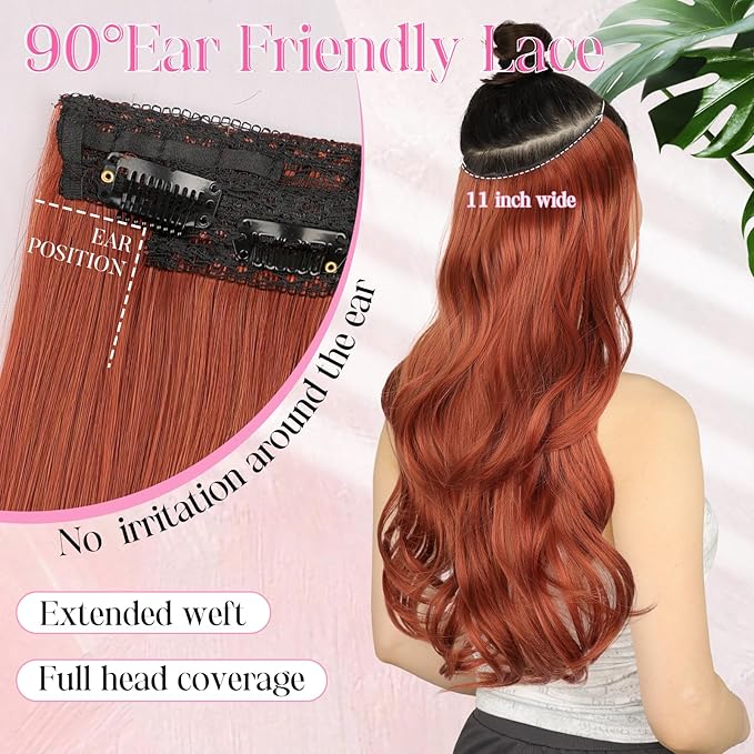 Invisible Wire Hair Extensions Layered Long Wavy Hairpiece for Women Transparent Wire Adjustable Size 6 Secure Clips Invisible Headband Hair Extension Auburn Color 20 Inch