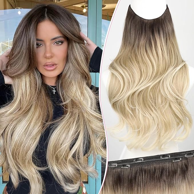 Invisible Wire Hair Extensions Layered Long Wavy Hairpiece for Women Transparent Wire Adjustable Size 6 Secure Clips Invisible Headband Hair Extension Brown to Blonde 20 Inch