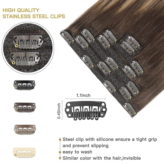 Clip in Hair Extensions Real Human Hair 14 Inch Balayage Chocolate Brown to Caramel Blonde Hair Extensions Lace Weft 7Pcs Remy Clip in Extensions Human Hair for Women 105g