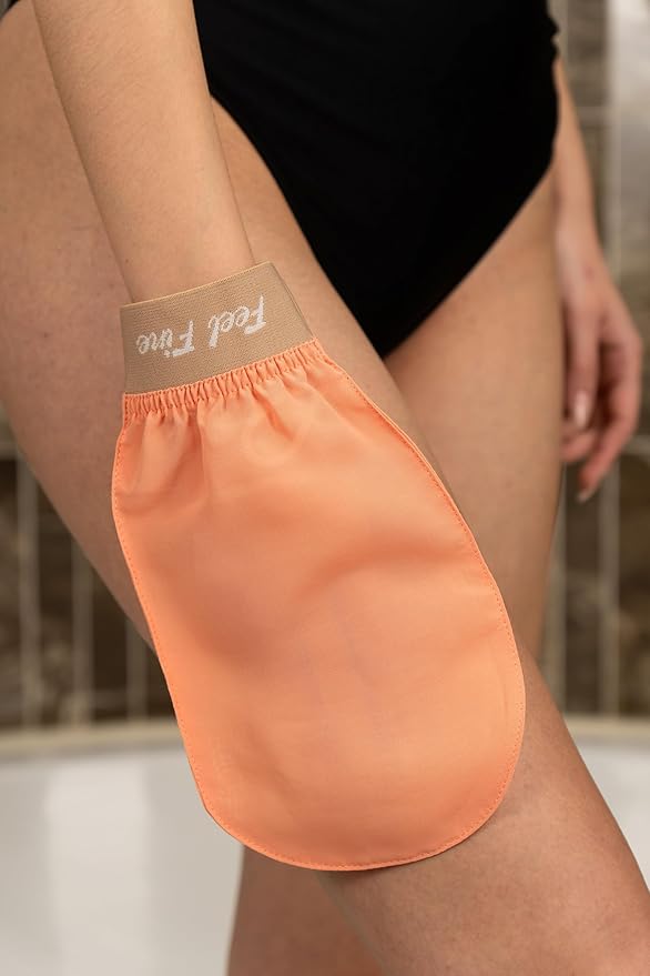 Feel Fine Turkish Exfoliating Mitt – 100% Natural Plant Silk Hammam Kese Glove for Men & Women | Handcrafted Skin Peeling Scrubber, Vegan Shower, Bath & Sauna Exfoliator (Salmon Pink & Feel Fine)