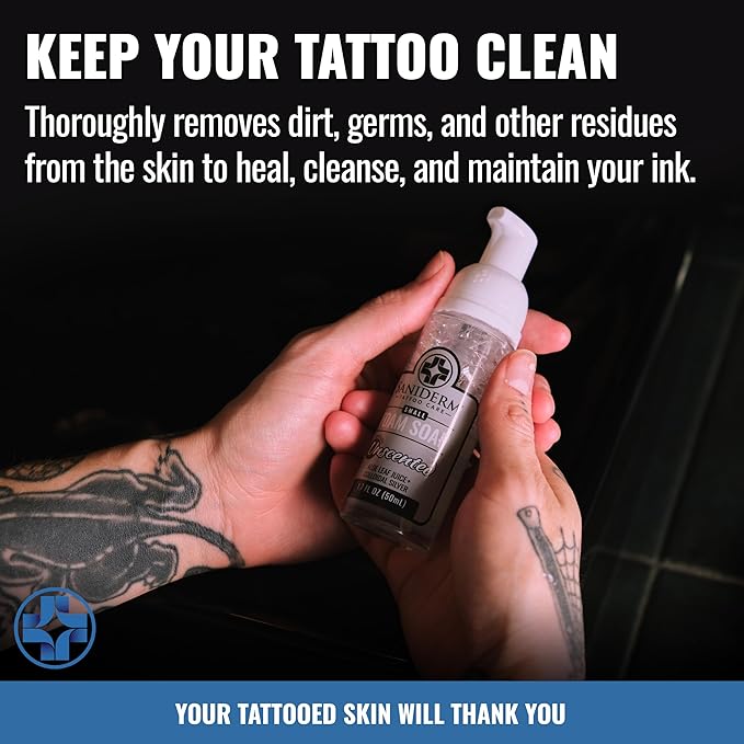 Saniderm Foaming Tattoo Soap (32oz Shop Size) – Gentle Soap for Tattooed Skin, Infused with Antimicrobial Colloidal Silver, Aloe Vera, and Nourishing Sea Buckthorn Oil