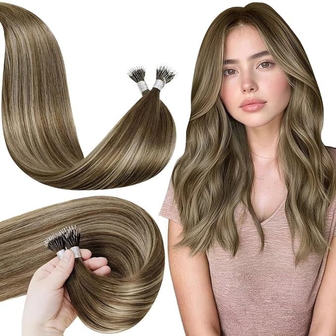 LaaVoo Nano Bead Hair Extensions Human Hair Brown Nano Tip Hair Extension Real Human Hair Balayage Dark Brown to Light Brown and Blonde 24IN 50s/50g