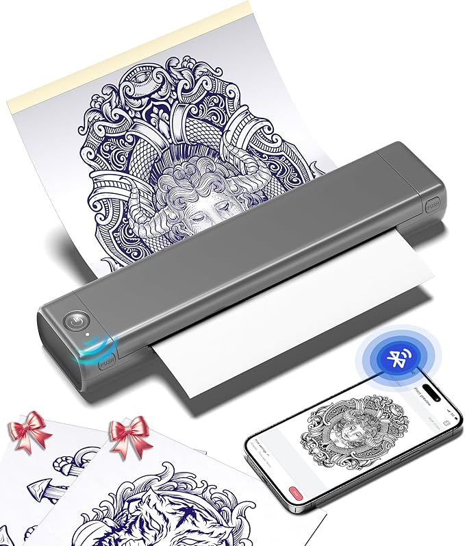 Phomemo Tattoo Stencil Printer, M08F Wireless Thermal Tattoo Printer with 10pcs Transfer Paper, Compatible with Phone/Tablet/PC, Tattoo Supplies for Tattoo Artists & Beginners, Grey