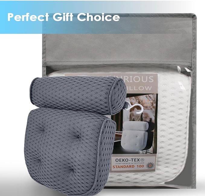 AEROiVi Luxury Bath Pillows for Tub，Bath Pillow Bathtub Pillows for Head and Neck Support Bath Cushion Made from Soft Spacer Mesh Material with Suction Cups,Gray