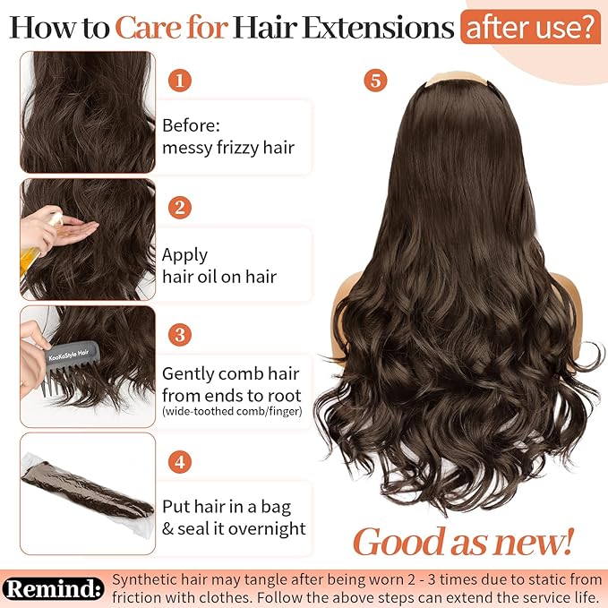 KooKaStyle Clip In Hair Extensions, Natural Long Layered Soft Invisible Synthetic Curly Hairpieces for Women, 4 pcs (20 Inch, Chocolate Brown)