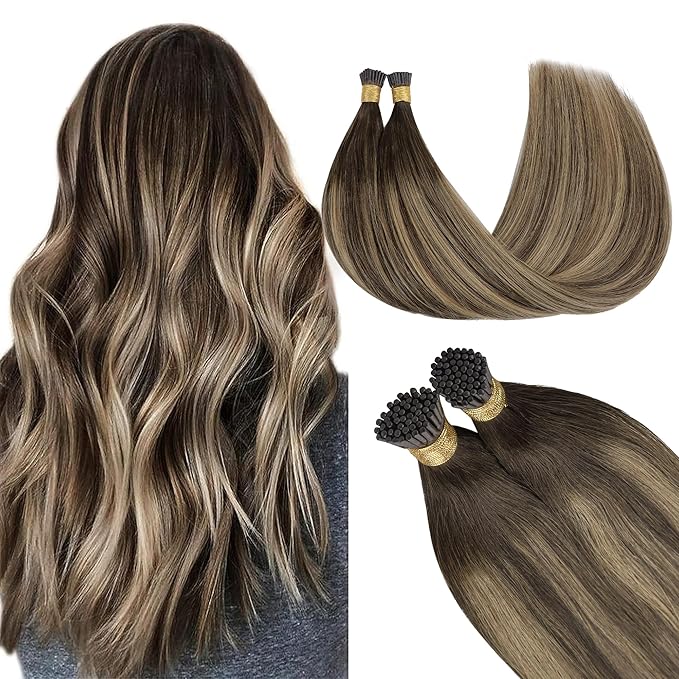 GOO GOO I Tip Hair Extensions, Real Human Hair, 20inch 100g 100S, Cold Fusion I Tip, Invisible Remy, 4/26/4 Balayage Chocolate Brown to Honey Blonde