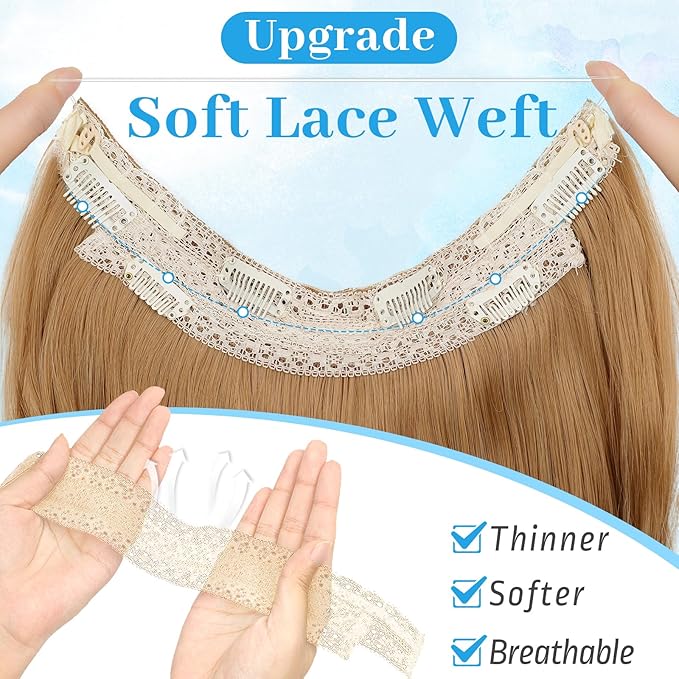 KooKaStyle Invisible Wire Hair Extensions Long Wavy Layered Synthetic Hair Extensions with Transparent Wire Adjustable Size 6 Secure Clips Strawberry Blonde Hairpieces for Women 16 Inch