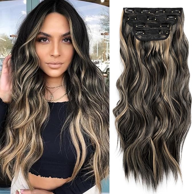 Clip in Hair Extensions Black Mix Blonde Natural Long Wavy Synthetic Hairpieces for Women Highlights Color Synthetic Easy to Install Double Weft 20 Inch 4 Pcs