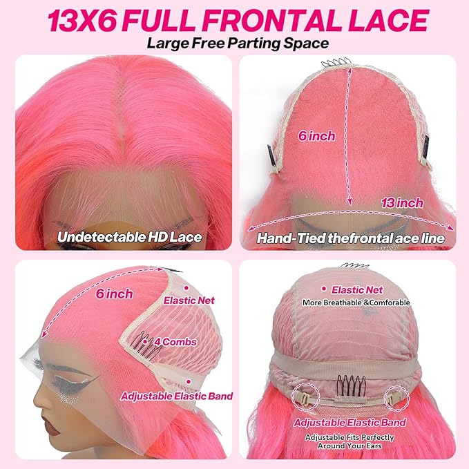 Pink 13x6 Lace Front Wigs Human Hair Body Wave Pink Human Hair Wigs for Women 200% Density Glueless HD Transparent Lace Frontal Wigs Pre Plucked 28 Inch