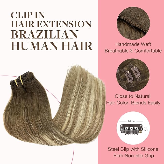 GOO GOO Clip in Hair Extensions Real Human Hair, Remy Human Hair Extensions Clip ins for Women, Natural Human Hair, 24inch 170g 7Pcs, #3/8/613 Balayage Walnut Brown to Ash Brown and Bleach Blonde