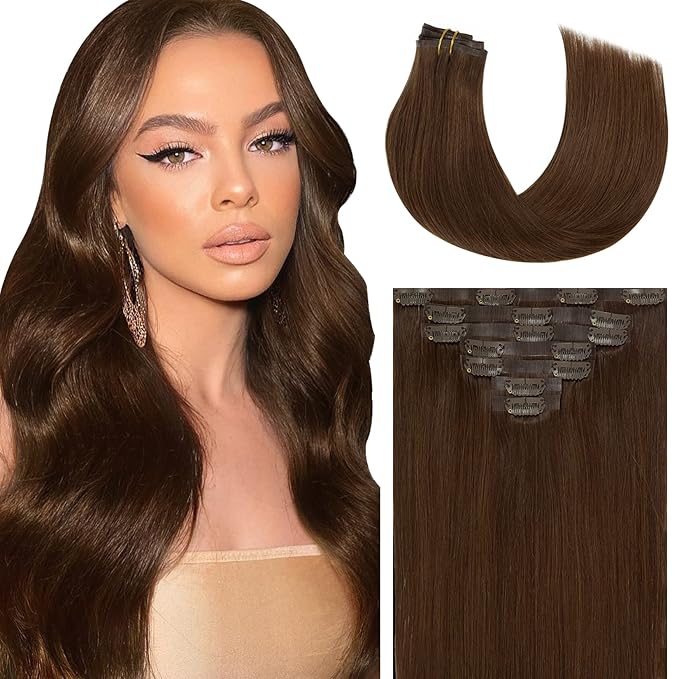 Caliee Seamless Clip in Hair Extensions 14Inch 110G 7Pcs PU Clip in Hair Extensions Color 4 Chocolate Brown Remy Human Hair Extensions Invisible PU Skin Weft Straight Clip in Hair Extensions for thin hair