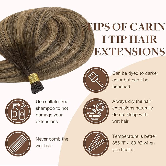 GOO GOO I Tip Hair Extensions Real Human Hair, 14inch 50g 100S, Invisible Remy Cold Fusion I Tip Hair Extensions, 4/27/4 Balayage Chocolate Brown to Caramel Blonde