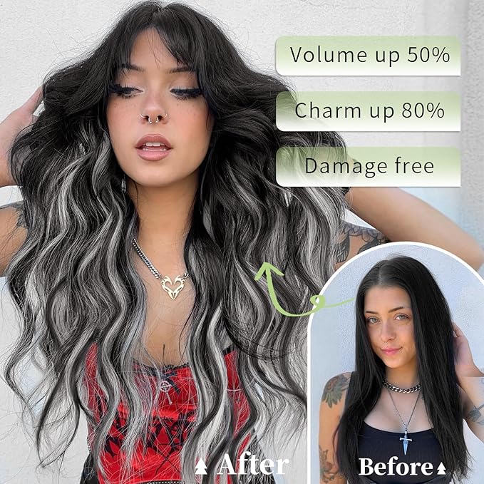 KooKaStyle Invisible Wire Hair Extensions with Transparent Headband Adjustable Size 4 Secure Clips Long Wavy Secret Wire Hairpiece 20 Inch for Women(Black with Smokey Silver)