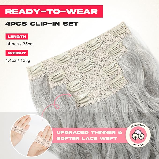 Hair Extensions, 14" Short Clip in Hair Extensions 4PCS Beach Wave Blonde Natural Soft Synthetic Hairpiece for Women - Silver Grey