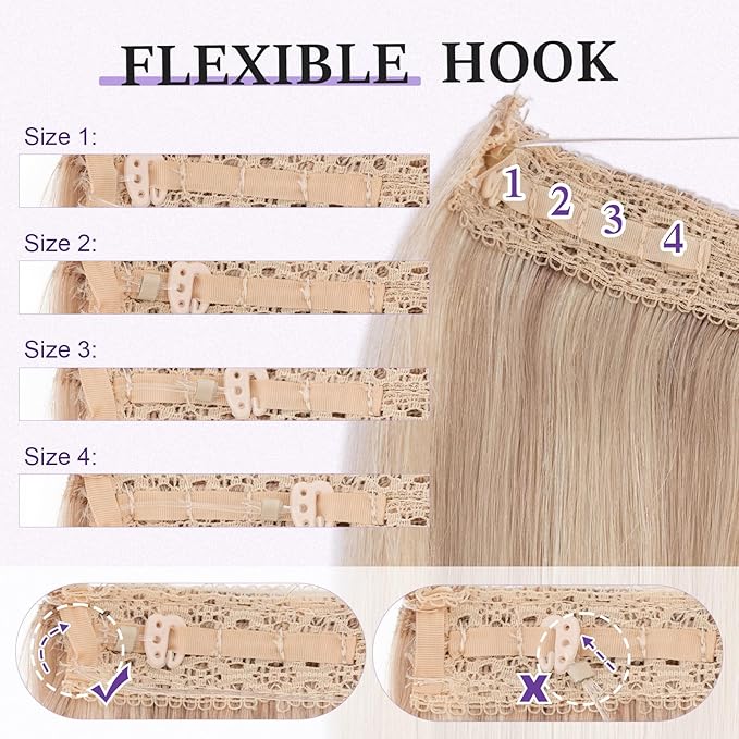 Halo Hair Extensions Real Human Hair,Halo Hair Extension 100% Human Hair, Wire Hair Extensions,Straight Champagne Blonde Balayage 16inch/65g