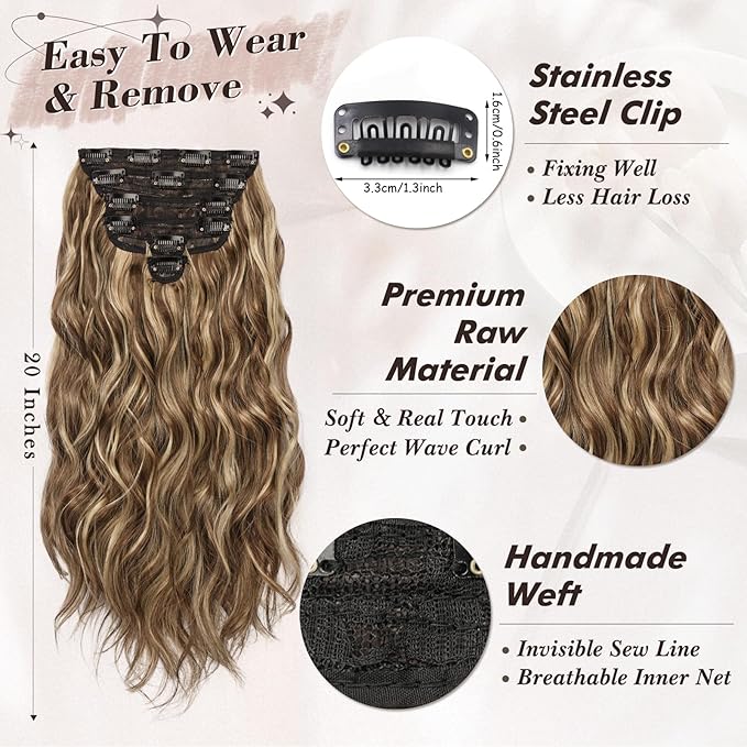 BARSDAR Highlight Clip in Hair Extensions - 20 Inch Wavy Clip in Hair Extensions for Women - 6PCs Soft Thick Synthetic Hair Extensions Clip ins Hairpieces Daily - Medium Brown & Blonde