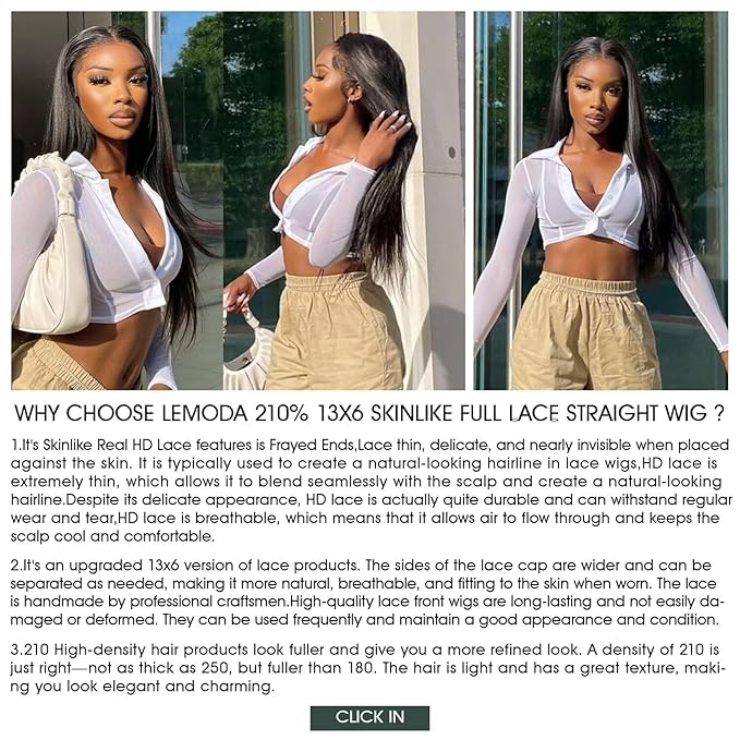 Lemoda Straight 13x6 SKINLIKE Real HD Full Lace Frontal Wigs 26Inch Full 13x6 Lace Frontal Virgin Human Hair Wigs Invisible 0.1mm Ultra-thin Knots Frayed Ends Lace Wig Full Ends