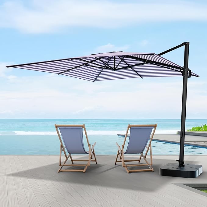 Midtown Umbrellas 9 x 9 Ft Outdoor Cantilever Patio Umbrella w/Terylast Midtown Stripes Fabric - Tilt 360° Offset Patio Umbrella, Deck Patio Umbrella, Backyard Umbrella & Garden Umbrella - Black Frame
