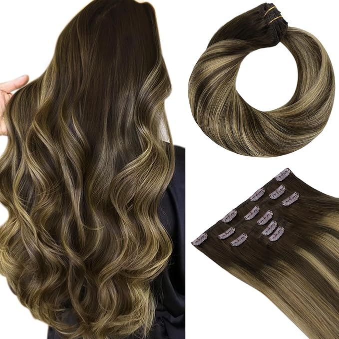 HOTBANANA Clip in Hair Extensions Real Human Hair, 5Pcs 80g 20 Inch Chocolate Brown Mixed Caramel Blonde Balayage Straight Remy Clip in Extensions